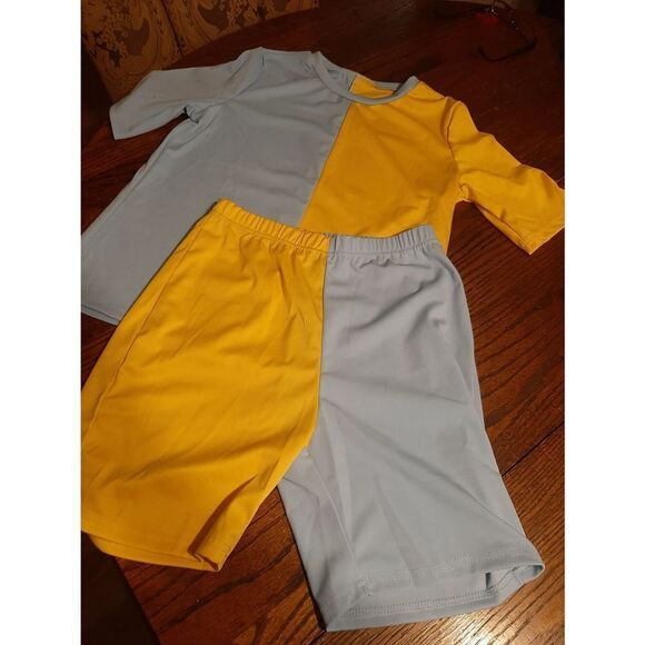 New Large Yellow Blue Color Block 2pc Shorts Short Sleeve Shirt Set Outf… - Picture 1 of 6